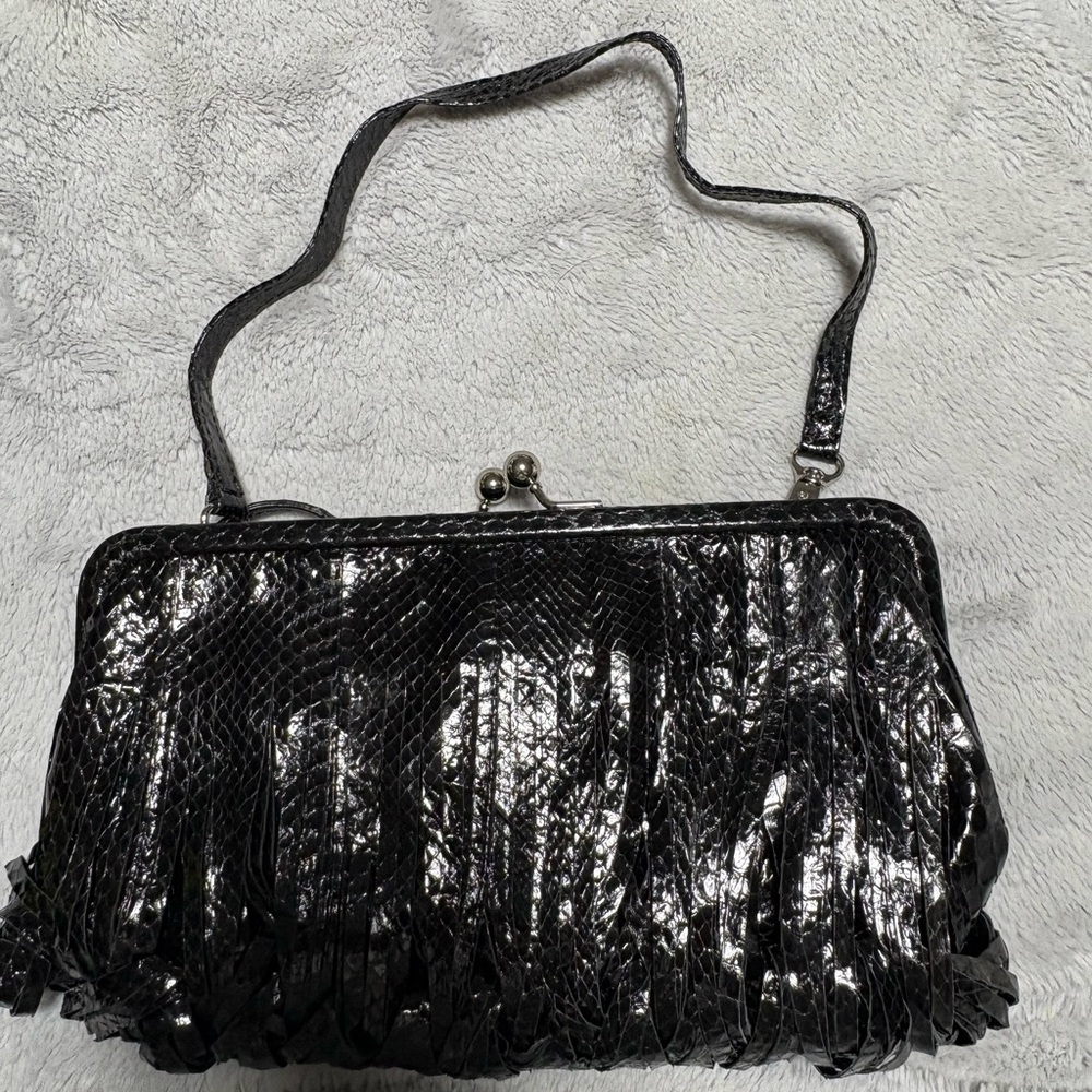 THEA Black Sequined Clutch with Fringe Detail